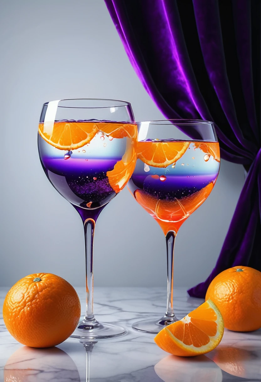 surreal glass shape, liquid glass, chromatic aberration, broken prism, refraction, light caustics, detailed illustration , oranges on a white marble table, deep purple velvet drapes, 8k, photography style,2 glasses with orange bioluminescent fluid in them, on a white marble table, bioluminescent, colorfull, glow, at sunset. misty light