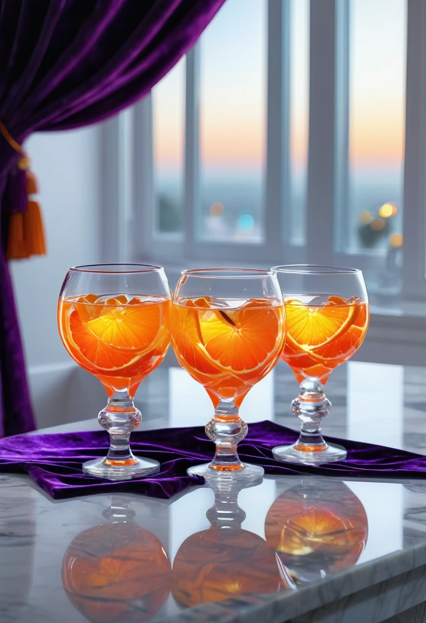 surreal glass shape, liquid glass, chromatic aberration, broken prism, refraction, light caustics, detailed illustration , oranges on a white marble table, deep purple velvet drapes, 8k, photography style,2 glasses with orange bioluminescent fluid in them, on a white marble table, bioluminescent, colorfull, glow, at sunset. misty light