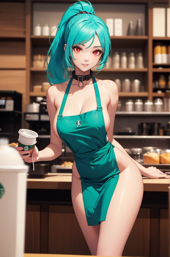 best quality, masterpiece:1.2),(((( Holding cup between breasts))))),((((small boobs)))), ((((teen)))), ((((small body)))), ((((turquoise hair)))),(((red eyes)))),(((black collar)))), (((ponytail turquoise)))), highly detailed, HDR, girl, 16years old maid, (starbucks apron, naked apron, large neckline: 1.2), model position, looking at the viewer, (beautiful detailed eyes, beautiful detailed lips, extremely detailed eyes and face, long eyelashes), (shapely, rounded, hourglass) body, (beautiful detailed small breasts, shapely firm breasts), (shapely, toned) legs, seductive atmosphere, flirtatious look, very sexy, at the cafe, (seductive smile), (cup in one hand) close up, cleavage 