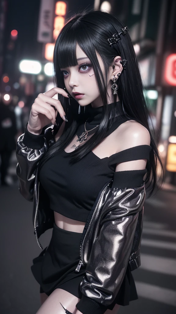 Cinematic lighting、(key light:Front diagonal 45 degrees, fill light、Backlight、shadow、blue and orange color palette), accurate human body、detailed person、Correct five-finger、RAW photo、4K - ultra-vivid、highest quality, masterpiece, ultra high resolution, (reality: 1.4),
(((oil skin,sparkling skin、realistic skin texture、detailed beautiful skin、shiny skin、shiny skin)))、
beautiful young, 19 year old girl, attractive girl, cool girl、Girl、mini skirt、black mask、((赤いdark makeup))、((big breasts)) 、 1 girl, purple eyes, Off-the-shoulder sweater dresses, cinematic lighting、purple and black hair、(Mine Girl、goth makeup、my makeup)、(pierced ears、big breasts、Oversized black T-shirt with open shoulders、ダークmini skirt)、((dark makeup、oil skin,glowing skin、realistic skin texture、fine and beautiful skin、shiny skin)), dark downtown area at night、kabukicho、Dark Cyberpunk、(full shot:1.8)、thin legs、thin arms、thin shoulders、thin waist、slender body、big breasts、whole body