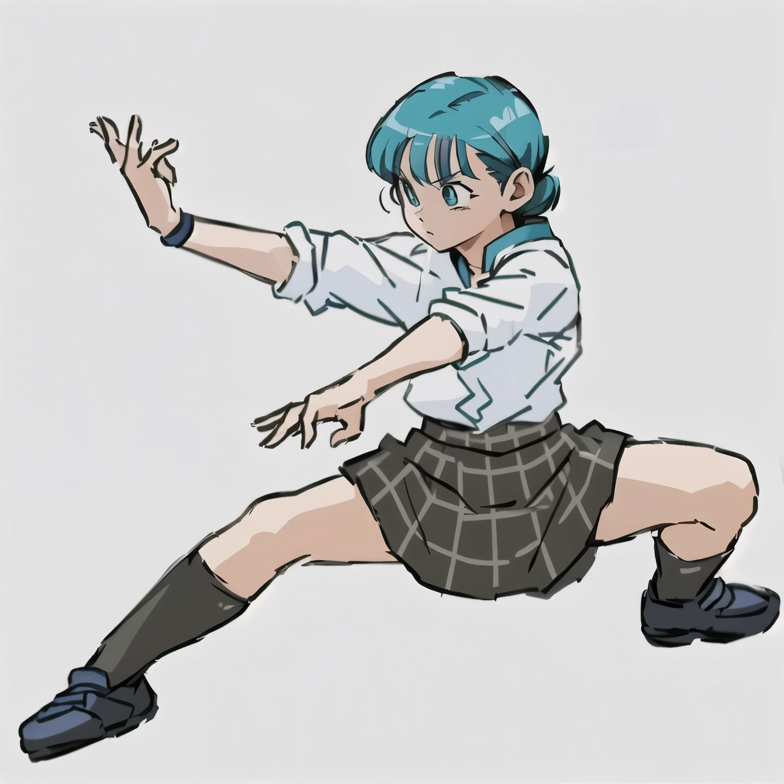 anime character in a skirt and shirt is doing a trick, struggling pose, bulma from dragon ball, fubuki, inspired by Rei Kamoi, the anime girl is running, struggling pose, attack pose, Pose de salto, pose de anime, I&#39;m going to make fanart too, whole body!! dynamic action pose, whole body!! dynamic pose, inspired by Un&#39;Ichi Hiratsuka