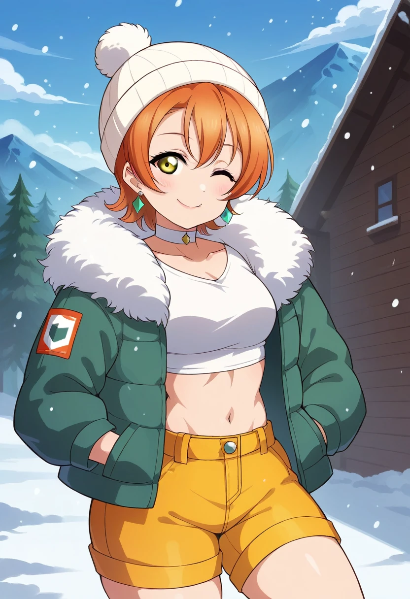 (Masterpiece, Best Quality, High Quality), Rin Hoshizora Love Live, orange hair, yellow eyes, cowboy shot,bangs, white beanie hat , crop top, jewelry, closed mouth, jacket, earrings, outdoors, sky, yellow shorts, fur trim, cute choker, snow, snowing, mountain, fur-trimmed jacket, mountainous horizon, smile ,(lipstick:0.7), hands in pocket ,thicc thighs ,wink