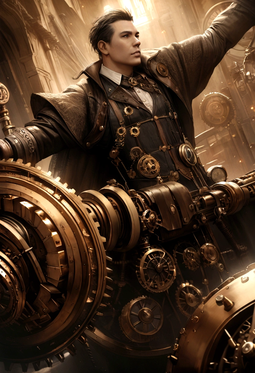 a heroic steampunk man, intricate brass clockwork gears, cogs, mechanisms, sepia tones, warm lighting, detailed texture, steampunk goggles, cog-like patterns, antique brass, golden accents, cinematic lighting, detailed machinery, brass and leather, mechanical engineering, fantastical technology, cinematic angle, dramatic pose, best quality,4k,8k,highres,masterpiece:1.2,ultra-detailed,realistic,photorealistic,photo-realistic:1.37
