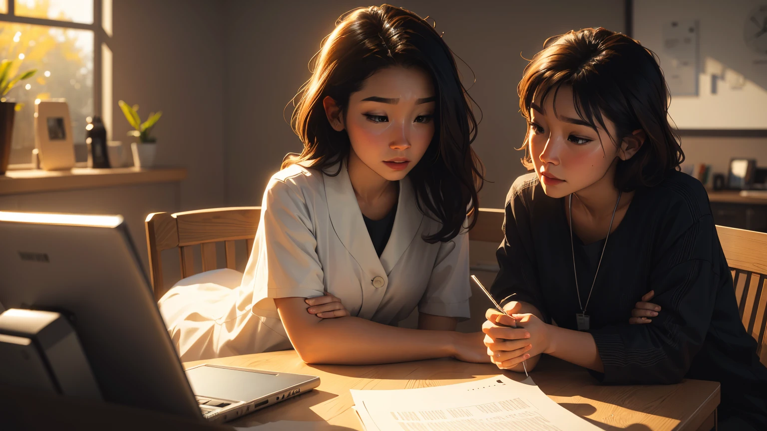 An ultra detailed, 16:9 aspect ratio image of a warm, inviting therapy office. A compassionate therapist and client engaged in conversation. Emotional energy visualized as colorful streams connecting them. Hyper realistic, digital art, soft lighting, cinematic, perfect contrast, high sharpness, depth of field, ultra detailed photography, global illumination, smooth, ultra high definition, 8k, unreal engine 5, ultra sharp focus, award winning photograph.