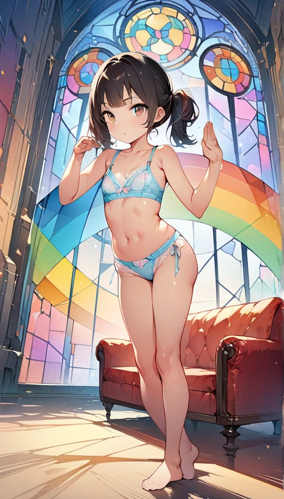 (masterpiece:1.8),(Highest quality:1.8),(Very detailed:1.8),(8k:1.8),(Ultra-fine Illustration:1.5),,,Straight low twintail,Flat Chest,Small Ass,(High-grade ,,lingerie:1.4),(Prayer Pose:1.5),Vintage sofa,,(Full body angle), Stained glass, Rainbow Gradient, Foundation, (bra:1.3), (lingerie,レース),