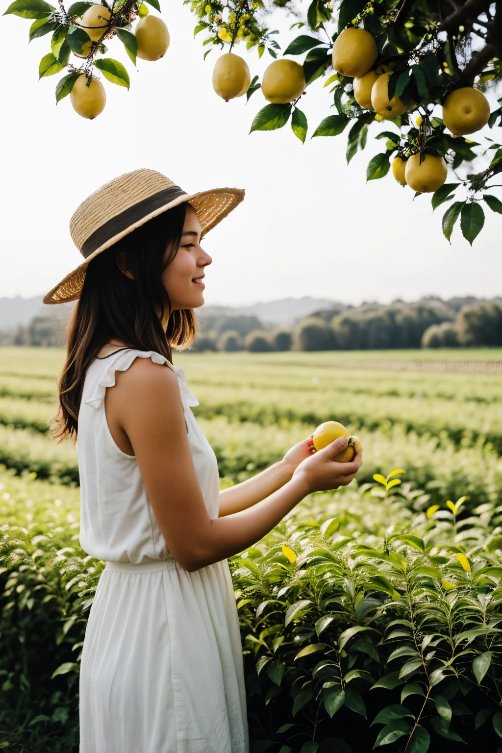 girl in pome holding many lemons in her hands with a lot of freshness in the field picking in the bushes, in very little clothing with a lot of joy focusing on the lemons and selling the freshness of the silhouette