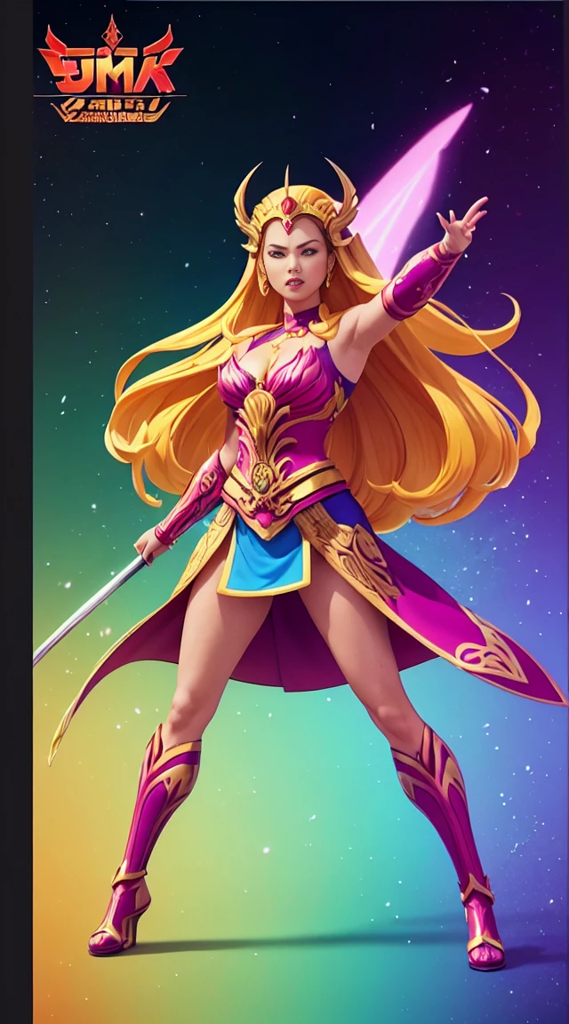((Full body photo, standing, feet on the ground))  She-ra, TM Samurai, intricate face details, poster style, icons, vibrant colors, vector style, digital art, 4K, intricate details, mesmerizing, professionally made, beautiful vector illustration, 12K resolution, 3D, all characters in detailed full body, highly detailed, vibrant, ultra high quality, Hyperrealism, Photorealism, octane render]