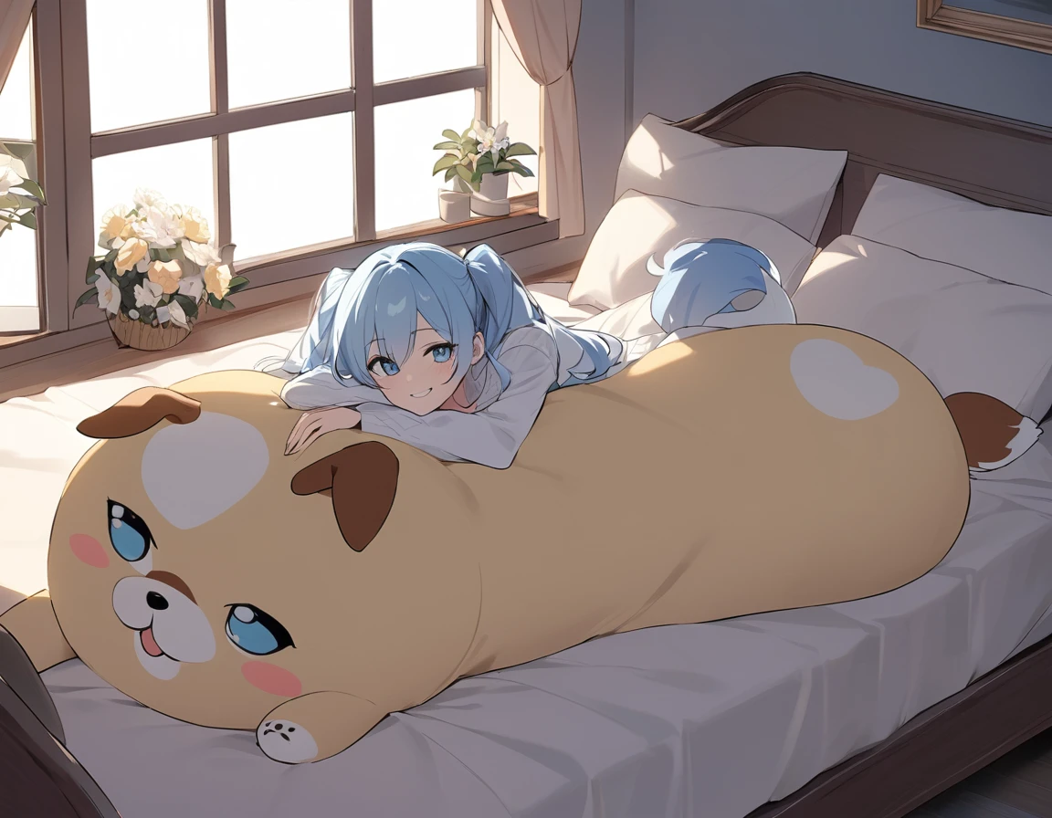 The room is decorated with many margaret flowers...、Margaret flowers on the windowsill、The morning sun is shining、Long light blue hair、beautiful girl with twin tails、Bright smile、Sitting on the bed hugging a big body pillow、My dog is watching over me beside my bed