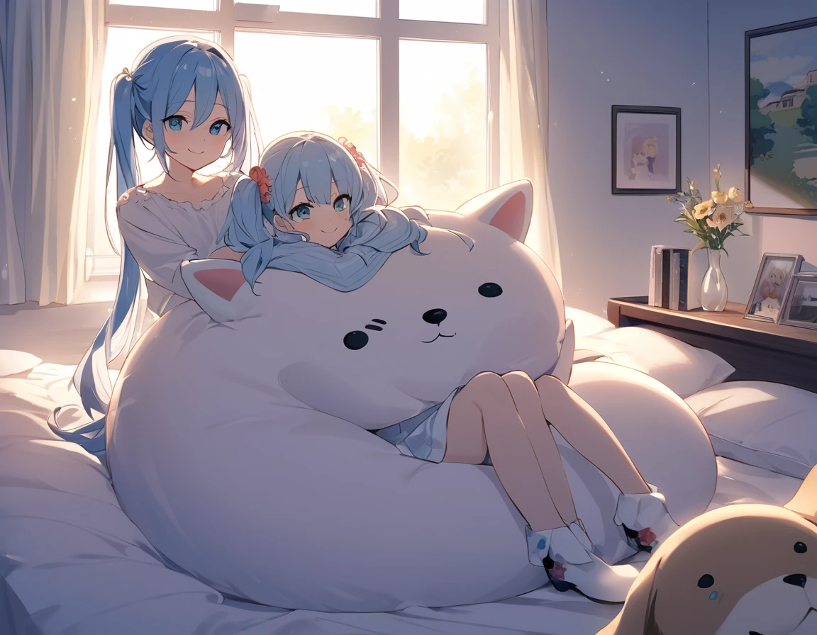 The room is decorated with many margaret flowers...、Margaret flowers on the windowsill、The morning sun is shining、Long light blue hair、beautiful girl with twin tails、Bright smile、Sitting on the bed hugging a big body pillow、My dog is watching over me beside my bed