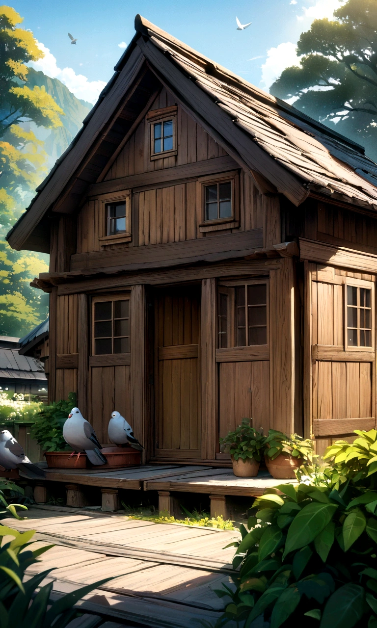 A pigeon on the roof、Highest quality、8K、Detailed facial depiction、masterpiece、Highest quality、Crisp image quality、Photo of an old wooden house and the surrounding nature、A pigeon on the roof