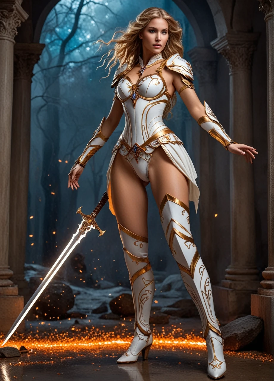 (((full body photo))) HKStyle,Envision a striking woman in battle-worn, (realistic skin:1.5), (beautiful face:1.4), white armor, her presence exuding both strength and grace within a minimalist, pure white sanctum. ((Full body photo,standing, feet on the ground)) Her armor, though predominantly pristine, is artfully adorned with a cascade of celestial motifs and intricate filigree that shimmer with a subtle iridescence. In her hand, a formidable sword with an ornate hilt and a blade that reflects a kaleidoscope of ethereal colors, as if forged from the very essence of light. The wall behind her comes alive with an explosion of vibrant, cosmic paint splatters, reminiscent of a supernova, with hues of deep purples, fiery oranges, and celestial blues that create a stark contrast against the white room and armor. The vivid paint seems to be in motion, ((Full body photo,standing, feet on the ground)) with droplets suspended in the air, capturing the aftermath of a mythical battle. Her stance is one of defiant beauty, eyes that tell tales of ancient wars, her hair a flowing tapestry of gold that catches the light of the surrounding chaos. The scene is imbued with an otherworldly glow, adding a sense of surreal drama to the composition, making it not just a picture, but a story of the cosmos itself woven into the very fabric of her being