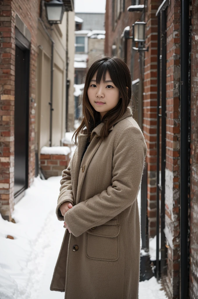 photorealistic、realistic skin texture、A beautiful Japanese woman belonging to the American military is in a city of winter rubble.、alley、old brick building、I&#39;m on guard、Backpack、wearing military uniform, tactical puffer jacket、baseball cap、holding automatic rifle、bulletproof ves snowing、moving action pose、muddy boots