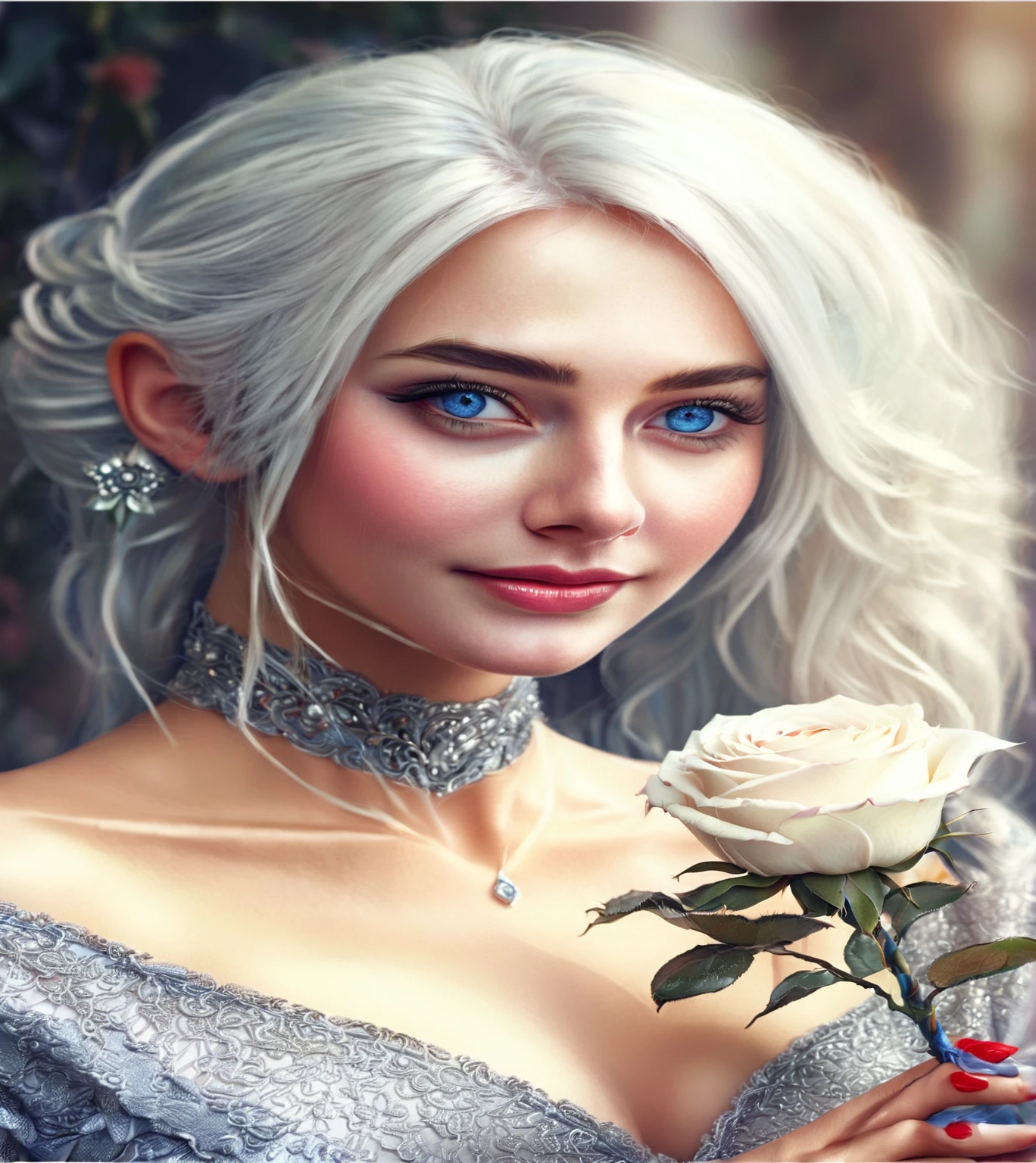 blond woman with white hair and blue eyes holding a rose, digital fantasy portrait, detailed matte fantasy portrait, fantasy art portrait, fantasy portrait, fantasy character portrait, fantasy portrait art, stunning digital illustration, realistic fantasy illustration, detailed character portrait, character art portrait, fantasy genre portrait, fantasy characture portrait, detailed beauty portrait, beautiful fantasy art portrait, fantasy concept art portrait, show cleavage