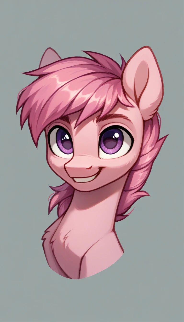 score_9, score_8_up, score_7_up, MLP, pink fur, swirly pink hair, purple eyes, warm smile, go , only one stallion pony, solo scene,