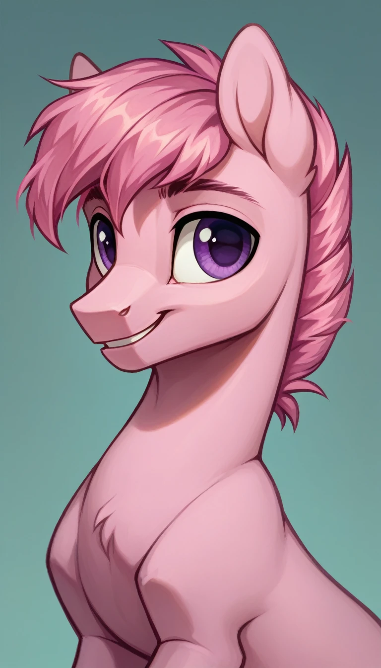 score_9, score_8_up, score_7_up, MLP, pink fur, swirly pink hair, purple eyes, warm smile, go , only one stallion pony, solo scene, 