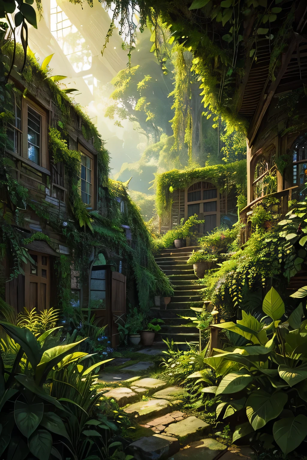 a chaotic overgrown garden, lush foliage, tangled vines, flourishing plants, vibrant greens, wild and untamed, detailed textures, intricate patterns, diffused sunlight, moody atmosphere, fantasy landscape
