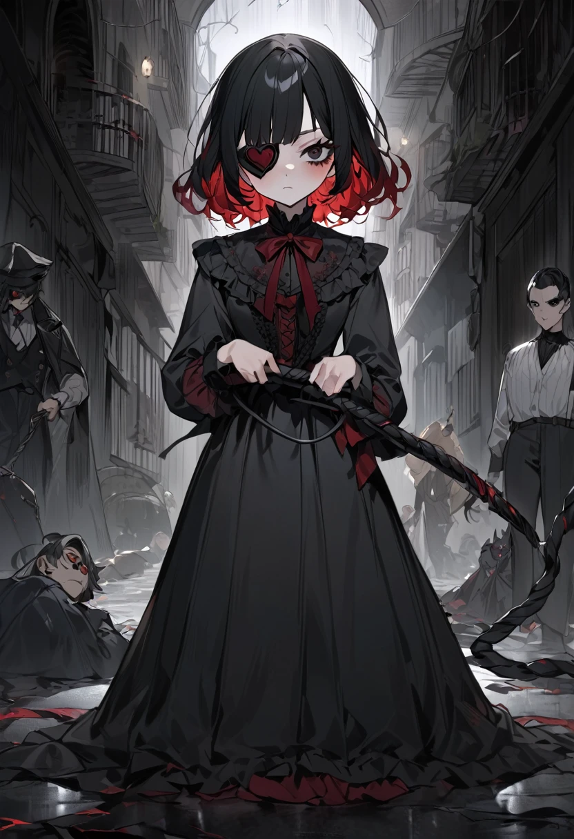 a girl with short black hair with red tips, and black eyes evil and crazy, with a heart eye patch, She is dressed in a Victorian-era shirt and dark pants. , and that your environment is dark and gloomy nature, with a serious look while holding a whip, His appearance is authoritarian and twisted, Under his feet there is a man who begs for forgiveness