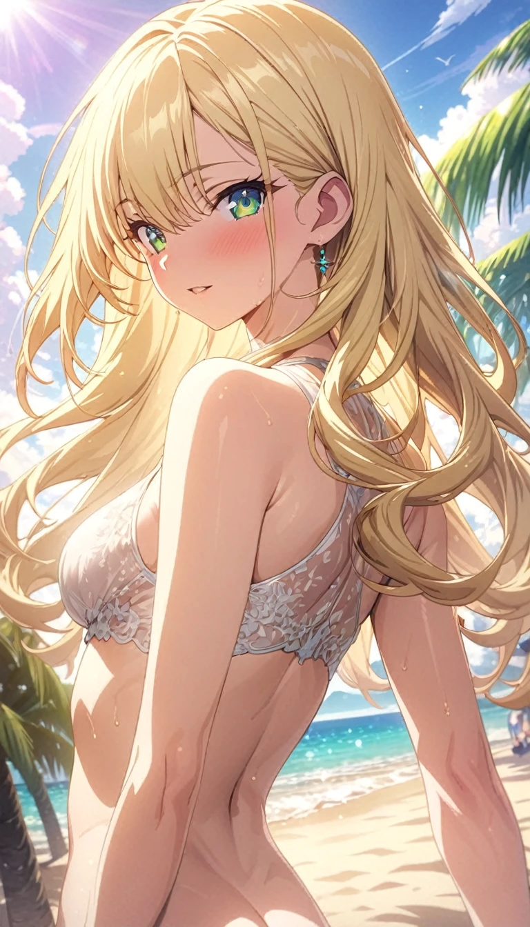 masterpiece, rich colors, Best quality, detailed, high resolution, Hyper quality, high detail, , high quality, detailing, skinny sexy girl on the beach , bright lighting , green eyes, Anime, palm trees, bright lighting, blonde,