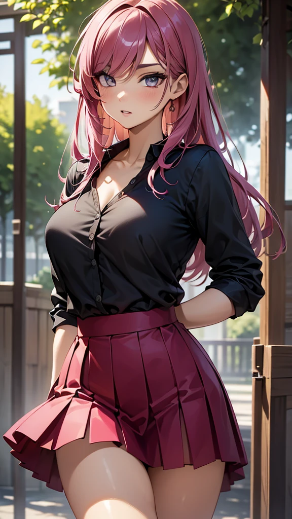 a masterpiece, best quality, highres, absurdres, 1girl, crowd, skirt, wind blowing skirt up, laced underwear, pink hair, gasai yuno, from below, revealing clothes, skindentation, outdoors, sunlight, street, looking at viewer, blush, detailed face, beautiful detailed eyes, beautiful detailed lips, extremely detailed face, long eyelashes, cinematic lighting, depth of field, volumetric lighting, photorealistic, digital painting, concept art, vibrant colors, dynamic pose