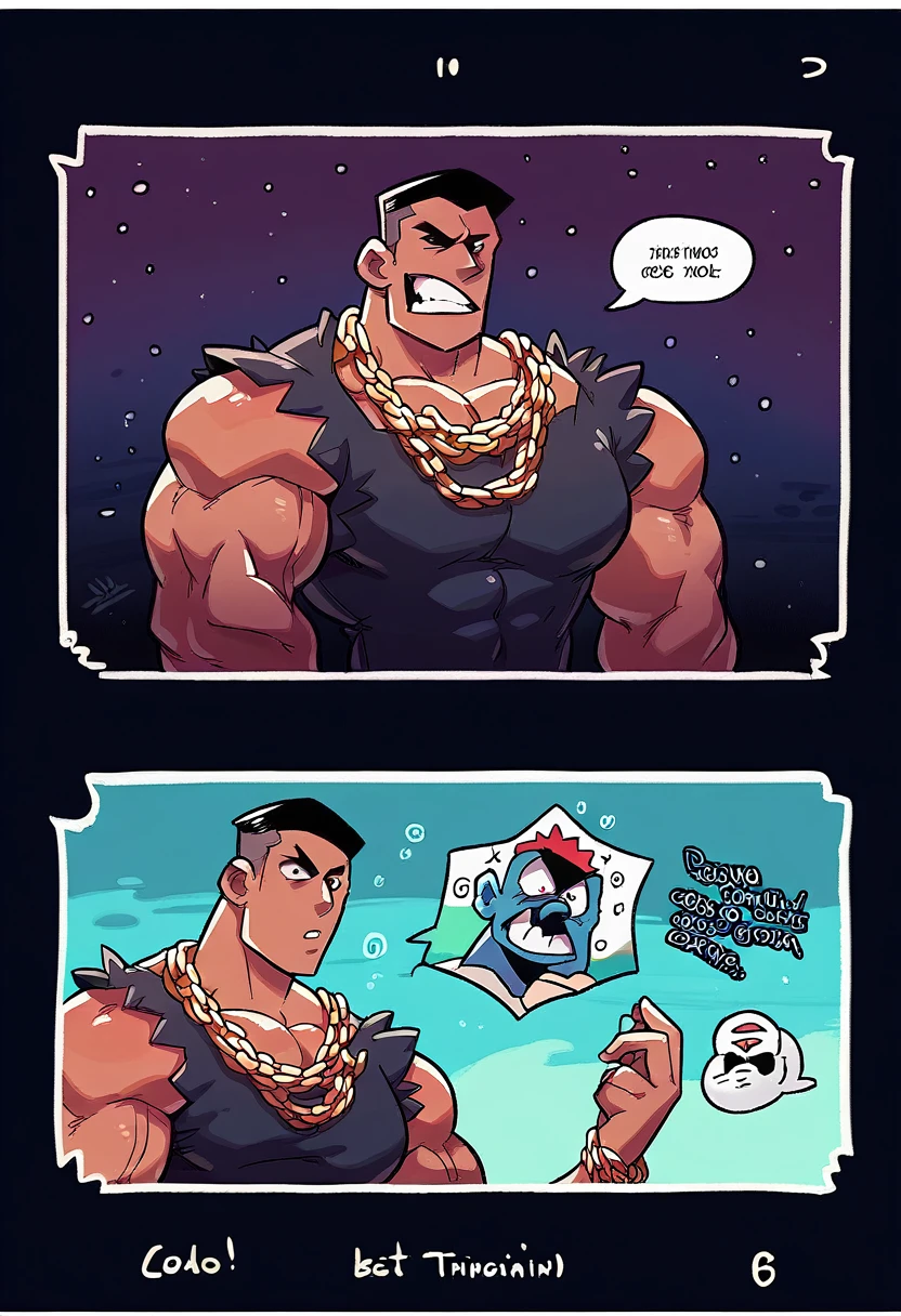 Badass cartoon anime character animated ((black guy in a dark space world)), 4 page comic book, different face expressions, wearing baggy clothes with a gold chain around his neck. Talk and slim body, Dense muscles, buzz cut hairstyle, 2d anime character, Japanese graffiti font, cool unique background 