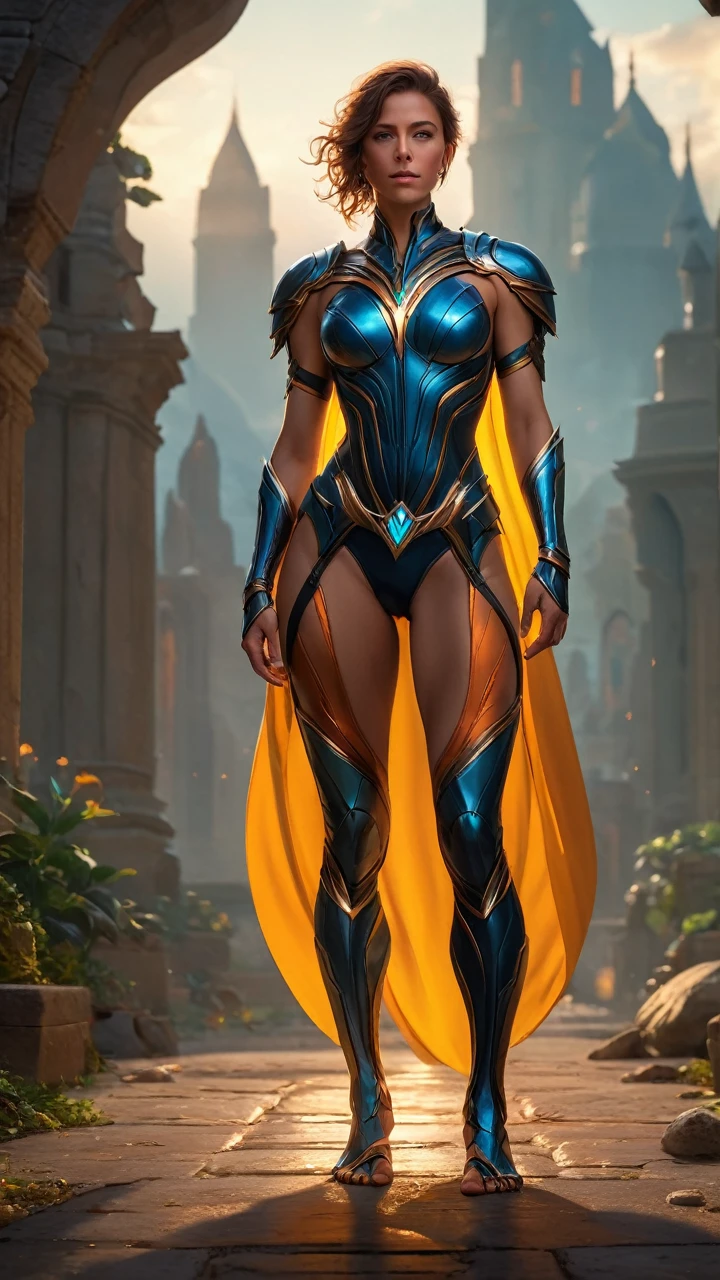 ((Full body photo, standing, feet on the ground)) Concept art, fantasygenesis, huge, masterpiece portraite, perfect composition, sharp focus, full body shot, cinematic bright lighting, bold lines, contrast, (realistic:1.4), best quality, colorful, depth of field detailed background, RAW photo ISO 100, 16K resolution