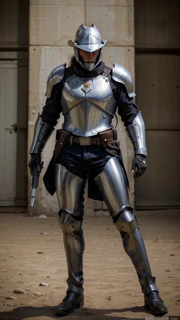 Make me a Midivil knight with an AK-47 and have him wearing a Cowboy hat helmet as well as full metal armor Have there only be one knight and no horse