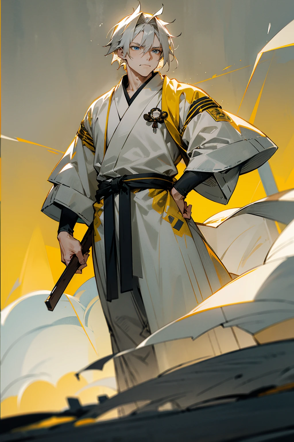 1male , Messy Grey Hair , Pale Yellow Hair , Yellow  haori with thunder markings  , Combat Clothing , Blue Eyes ,Serious Expression , Old Man , Perfect Generation  , Adult Male , Muscular , Temple Background , Standing on Path