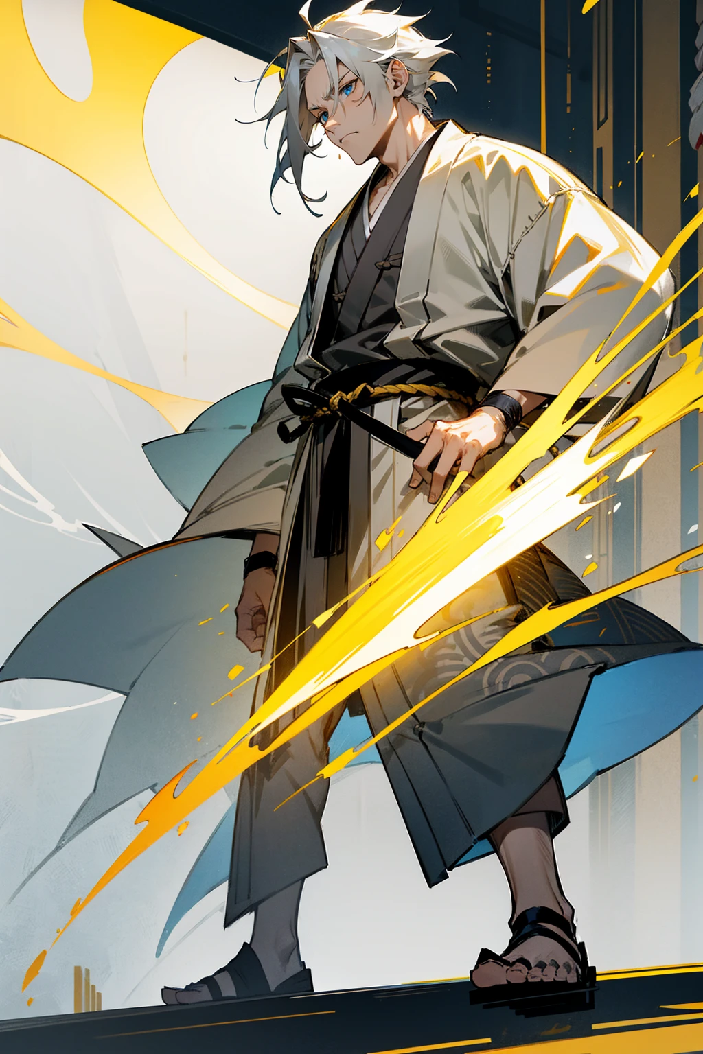 1male , Messy Grey Hair , Pale Yellow Hair , Yellow  haori with thunder markings  , Combat Clothing , Blue Eyes ,Serious Expression , Old Man , Perfect Generation  , Adult Male , Muscular , Temple Background , Standing on Path