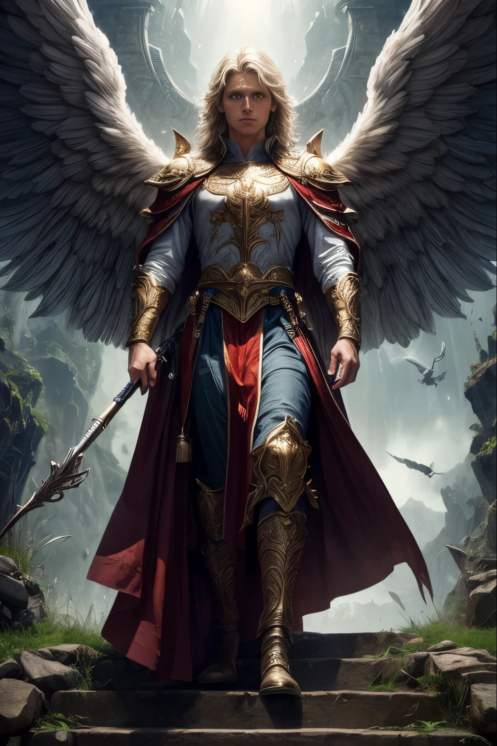 Male angel, Gabriel is an archangel, Front view of the face, Standing on the steps, A cold overlook, Looking at the audience, Spread your wings, Detailed face and eyes, Two other angels stand below,Towards Gabriel, They are holding a war mobilization meeting, The scene takes place in the Heavenly Palace, fantasy, Gold and white, (best quality,Very detailed,masterpiece,Human Development Report,Ultra HD,potassium:1.3),professional,Practical,RAW photos,Bright colors