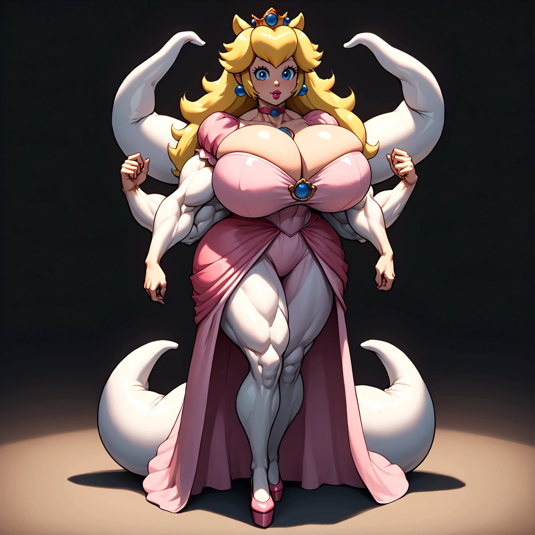 masterpiece, best quality), best resolution, (9tails:1.5), Princess peach, fox ears, fluffy fox tails, fox paws, gigantic penis with gigantic balls, gigantic muscular body, full body.