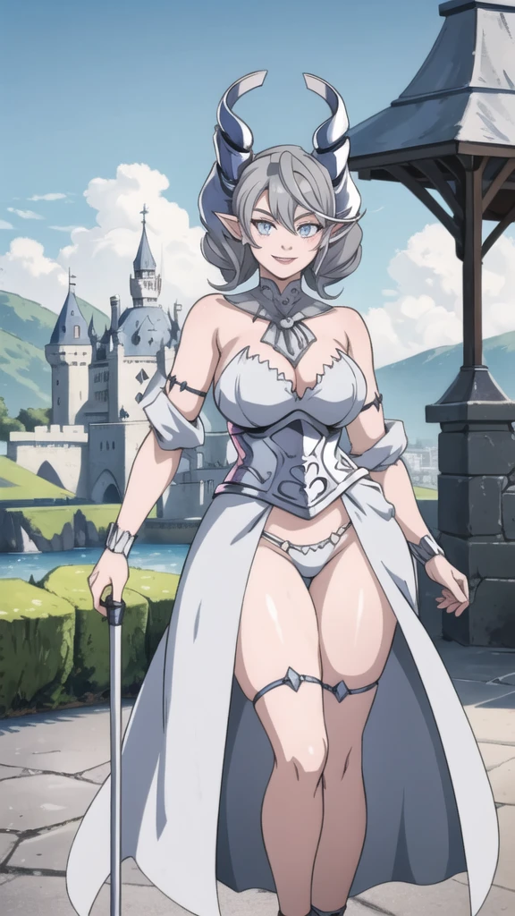  Outside castle top  High level image quality　best image quality　8K　 adult woman   silver castle outside  more colors   whole body view　portrait　 bikini   　horn    ears  　short hair（（shortcut）（gray hair）（perm）（fluffy））　eye color is blue ,  , 　attractive evil face , smile   ,  sexy pose   ,  labrynth ,  barearm    , wearing pink   , standing , , view foot arc   , view side