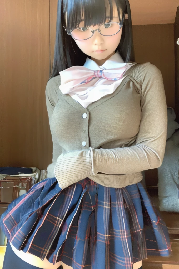 Highest quality、masterpiece、8K、,(RAW Photos, Highest quality), (Realistic, photo-Realistic:1.4), masterpiece, Very delicate and beautiful, Very detailed, 2k wallpaper, wonderful, finely, Very detailed CG unity 8k wallpaper, Very detailedな, High resolution, Soft Light, Beautiful detailed girl, Very detailed、Shirt with buttons and collar、Long pleated skirt with plaid pattern、A bow tie、Navy blue knee socks、high school girl、Big Breasts、Glasses
