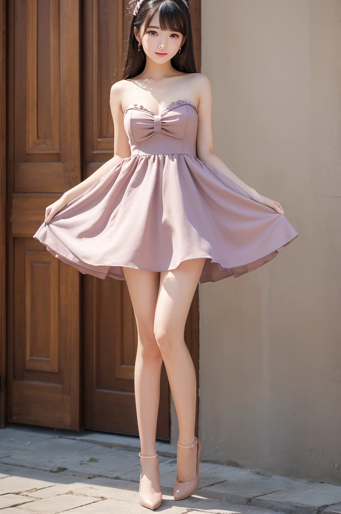 ((best quality)), ((masterpiece)), (detailed), perfect face,full body view , asian girl, revealing dress, cute expression ,full leg stocking.
