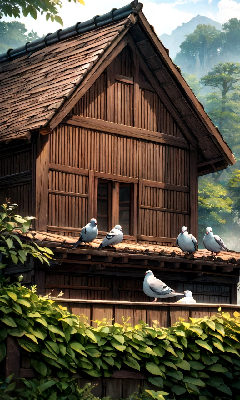 A pigeon is perched on the roof、Highest quality、8K、Detailed facial depiction、masterpiece、Highest quality、Crisp image quality、Photo of an old wooden house and the surrounding nature、A pigeon is perched on the roof