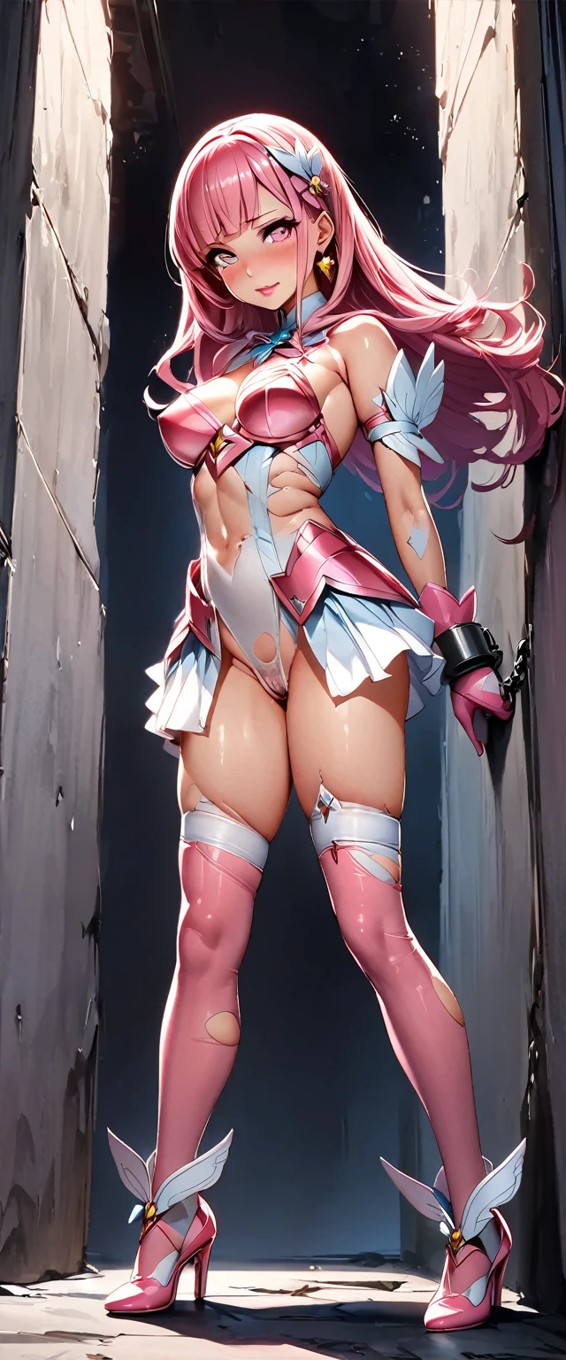 (Perfect Anatomy)、Mastepiece、Ultra High Quality、 8K、masterpiece、Highest quality、Ultra-high resolution、Maximum resolution、Very detailed、Professional Lighting、anime、woman、thin、so beautiful、Highly detailed eye、Highly detailed face、Golden earrings、Pink Hair,、Pink eyes、Mid-chest, pink lips, upper arm pink armor, white leotard, pink pattern, full body, magical girl, Angel Girl, Are standing, pink thigh high stockings, white super long boots, pink gauntlet, high heels, hime cut, bridal hair accessory, torn clothes, all gag, see-through, pubic hair, BDSM, shackles, pigeon toed