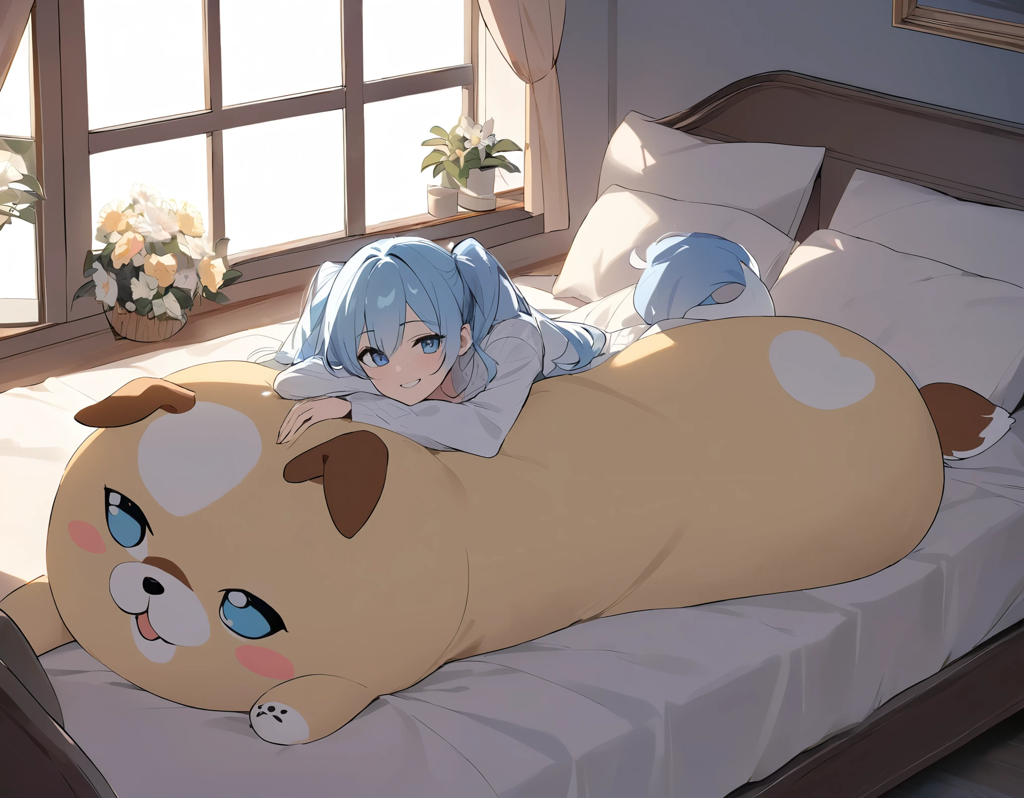 The room is decorated with many margaret flowers...、Margaret flowers on the windowsill、The morning sun is shining、Long light blue hair、beautiful girl with twin tails、Bright smile、Sitting on the bed hugging a big body pillow、My dog is watching over me beside my bed