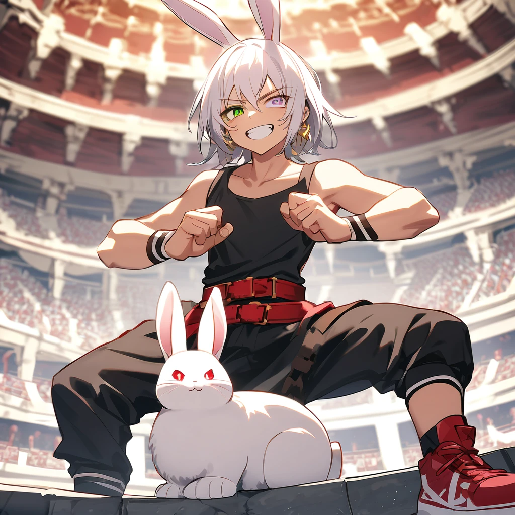 (well done: 1) humanoid white rabbit, gold earrings in the rabbit ears, dark pink left eye, green right eye, black tank top, bands on the hands up to the forearms, black pants with a red belt on the waist, red sneakers with black details. in a battle pose with a defiant smile on his face in a coliseum.