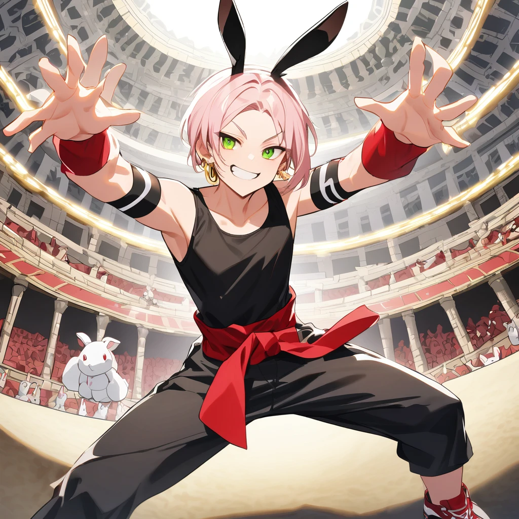 (well done: 1) humanoid white rabbit, gold earrings in the rabbit ears, dark pink left eye, green right eye, black tank top, bands on the hands up to the forearms, black pants with a red belt on the waist, red sneakers with black details. in a battle pose with a defiant smile on his face in a coliseum.