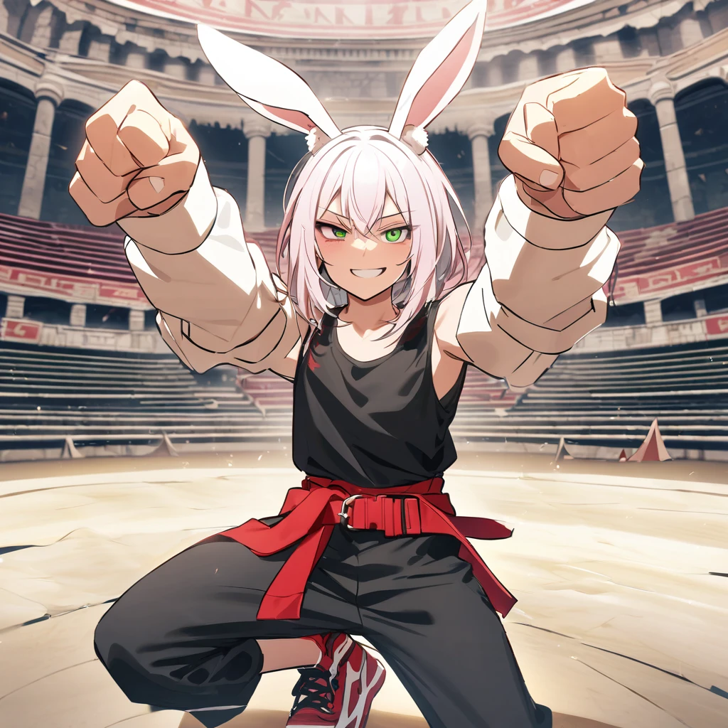 (well done: 1) humanoid white rabbit, gold earrings in the rabbit ears, dark pink left eye, green right eye, black tank top, bands on the hands up to the forearms, black pants with a red belt on the waist, red sneakers with black details. in a battle pose with a defiant smile on his face in a coliseum.