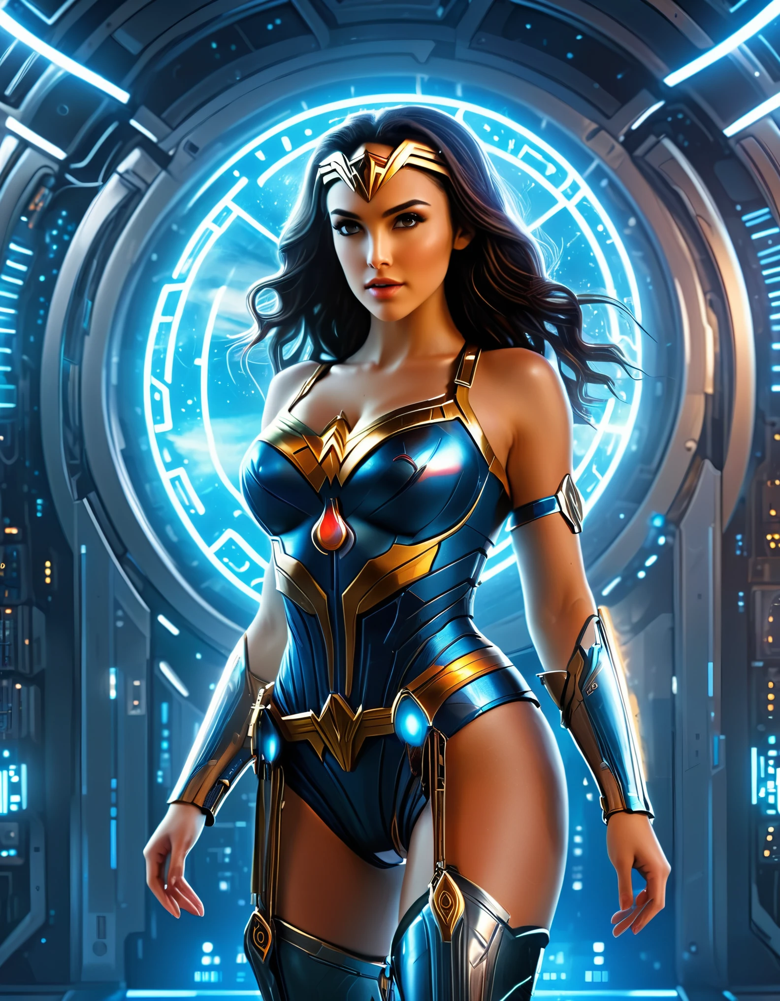 Push the boundaries of machine creativity by blending Wonder Woman with futuristic elements, creating a hyperrealistic cyborg version within the Plex environment. Hyper realistic photo, 16k, vibrant colors