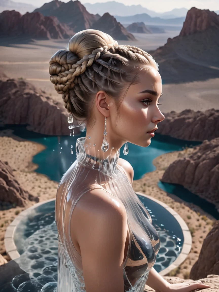 breathtaking beautiful woman wearing a (water dress) Arching in New Vegas, Crane Shot, from above, [full body],
worried,
Braided Bun,
Ash Blonde hair, . award-winning, professional, highly detailed