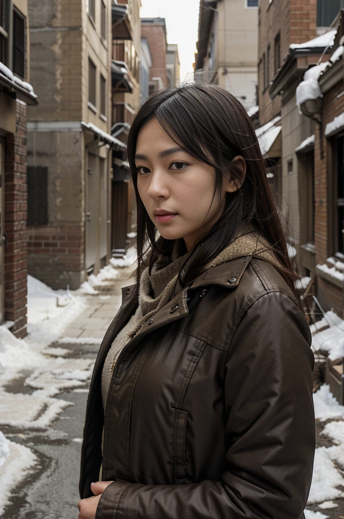 photorealistic、realistic skin texture、A beautiful Japanese woman belonging to the American military is in a city of winter rubble.、alley、old brick building、I'm on guard、Backpack、wearing military uniform, tactical puffer jacket、baseball cap、holding automatic rifle、bulletproof ves snowing、moving action pose、muddy boots