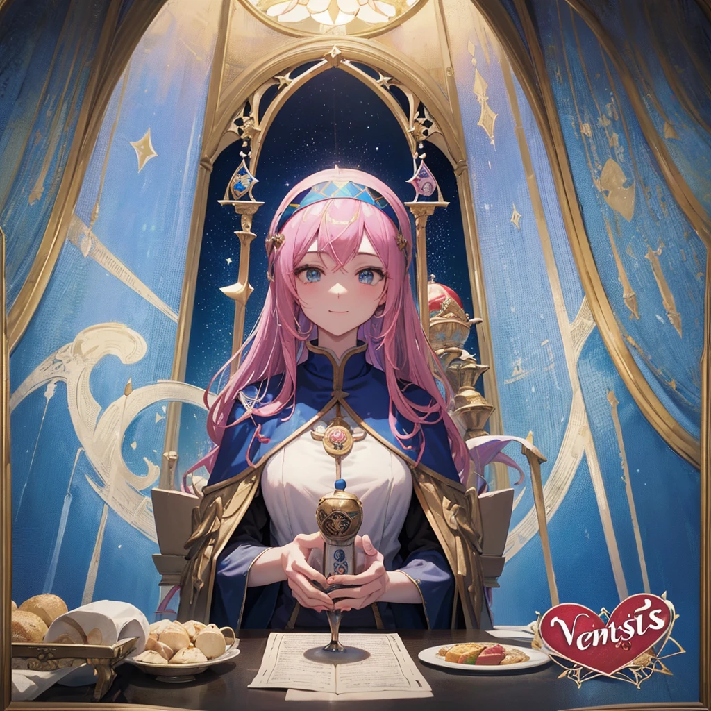 Tarot Cards(Female Pope(Salvator Mundi)のLast Supper( canteen Draw on canvas(Stained glass(Valentine hologram Blue light swirling) Last Supper holy grail Christ smile)Anime Poster、oil)