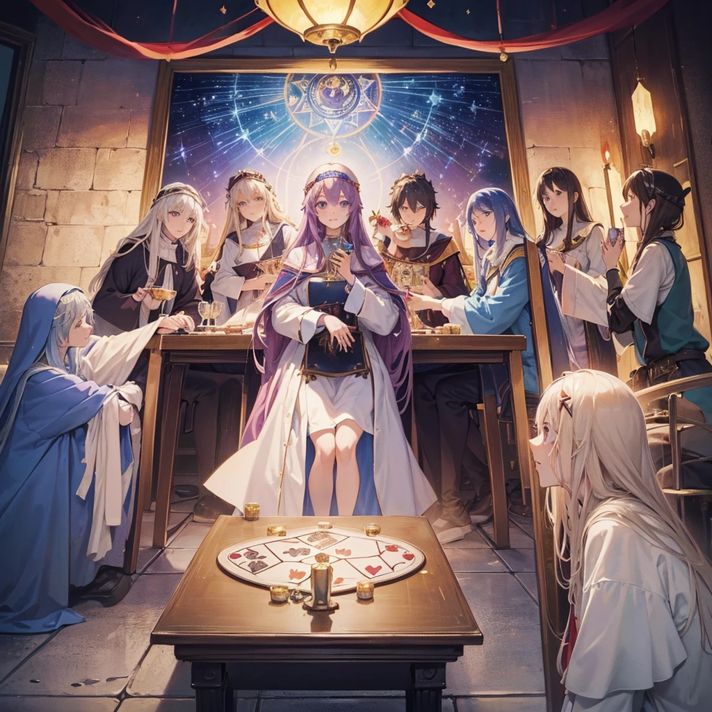 Tarot Cards（Female Pope(Salvator Mundi）のLast Supper（　canteen　Draw on canvas（Stained glass（Valentine　hologram　Blue light swirling）　Last Supper　　holy grail　Christ　smile）Anime Poster、oil）
