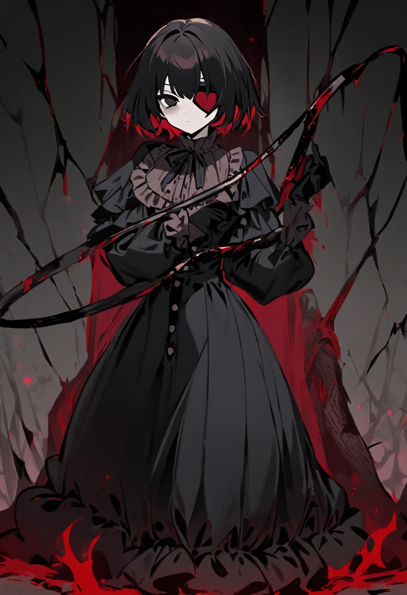 a girl with short black hair with red tips, and black eyes evil and crazy, with a heart eye patch, She is dressed in a Victorian-era shirt and dark pants. , and that your environment is dark and gloomy nature, with a serious look while holding a whip, His appearance is authoritarian and twisted, Under his feet there is a man who begs for forgiveness