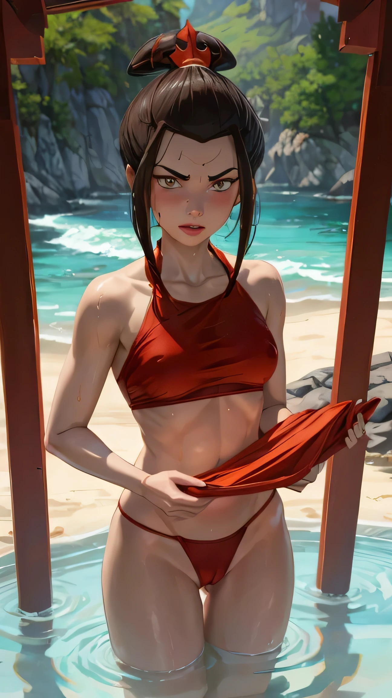 (Azula, avatar the last airbender, 1girl, beach,)) summer, medium shot, red bikini, string bikini, revealing, wet skin, sun kissed, long legs, petit body, perfect body, green eyes, blush, sunrays, ultra high quality, brown hair, small breasts, standing, cameltoe, wet clothes, wet hair, tugged hair, ponytail, fire nation hair, cute, pale skin, fire nation, long hair, looking at viewer,