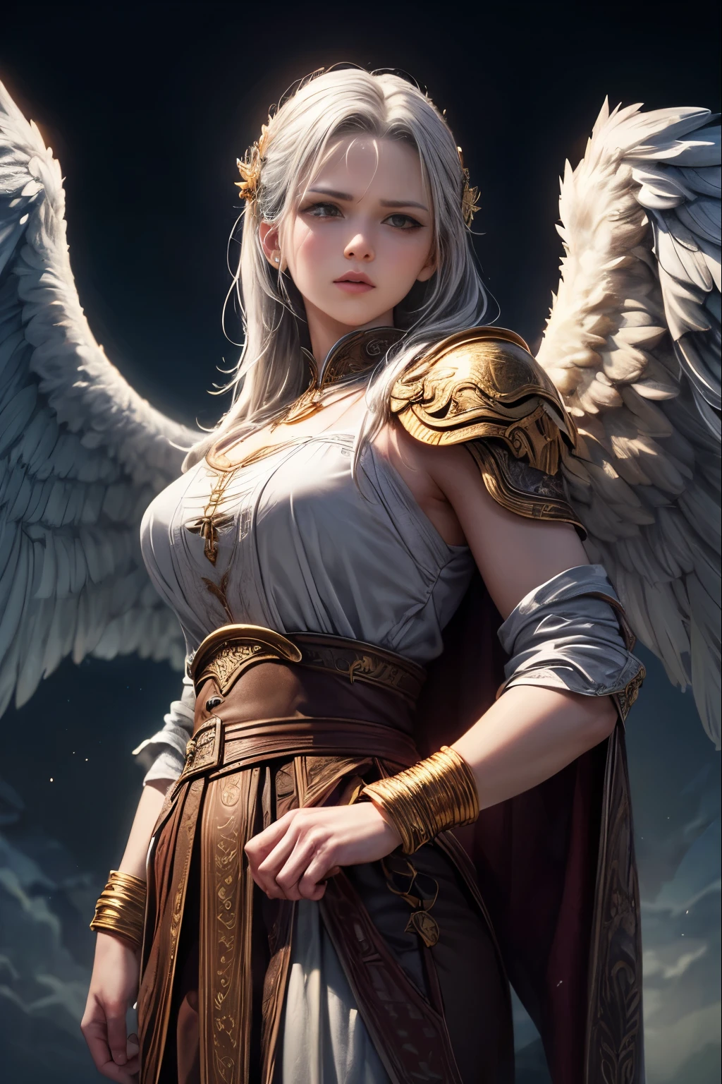 Tall male angel, God of war, Gabriel is an archangel, Front view of the face, Standing on the steps, A cold overlook, Looking at the audience, Spread your huge wings, Detailed face and eyes, The other female angels stood below，Towards Gabriel, They are holding a war mobilization meeting, The scene takes place in the Heavenly Palace, fantasy, White and Silver, (best quality,Very detailed,masterpiece,Human Development Report,Ultra HD,potassium:1.3),professional,Practical,RAW photos,Bright colors
