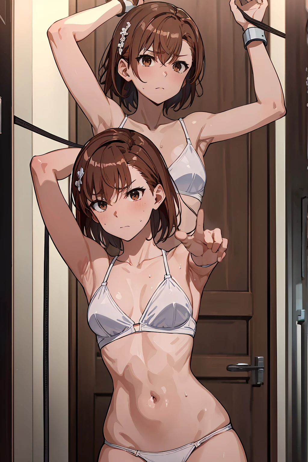 (Highest quality:1.5, High resolution, uhd, 4K, Detailed lighting, Shaders), NSFW Misaka Mikoto, solo short hair Brown Hair Brown eyes Cool face ((BDSM, bondage, bound, shibari, restrained))++ White panties White bra Angry face Dark realistic dungeon Super oily skin Muscular Raise your arms Hang your arms from the ceiling from below, Sweat