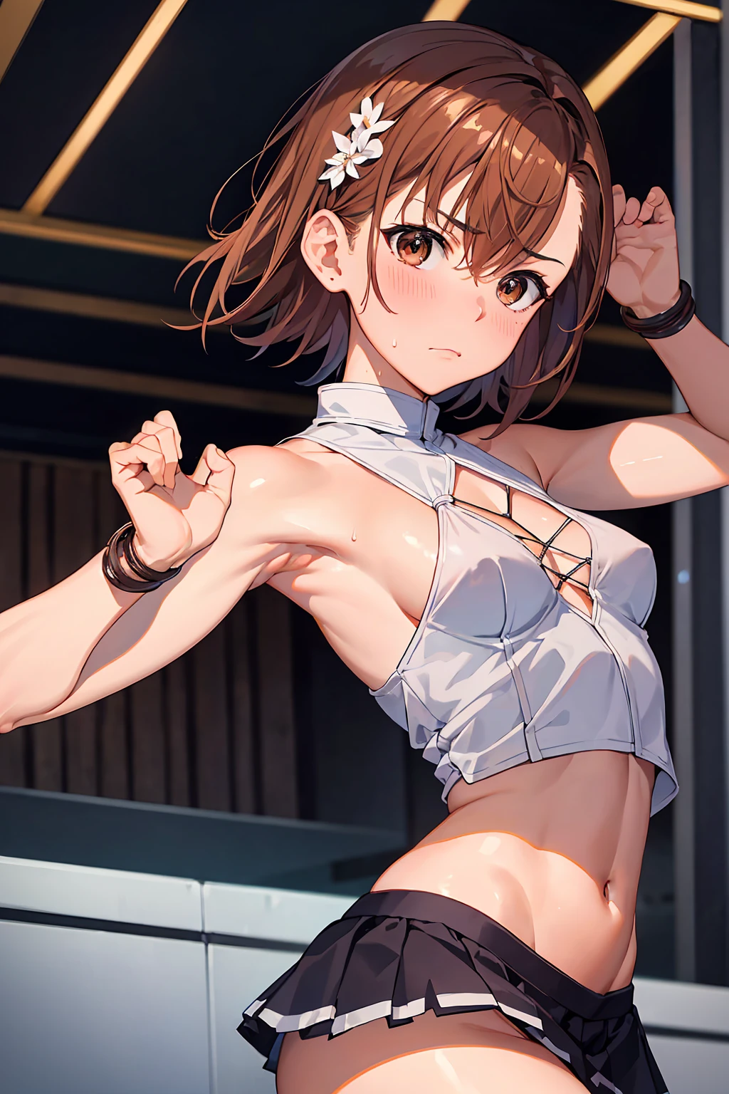 (Highest quality:1.5, High resolution, uhd, 4K, Detailed lighting, Shaders), NSFW Misaka Mikoto,　solo short hair　Brown Hair　Brown eyes　Cool face　　((BDSM, bondage, bound, shibari, restrained))++　White panties　White bra　Angry face　Dark realistic dungeon　　Super oily skin　Muscular　Raise your arms　Hang your arms from the ceiling　from below,　Sweat