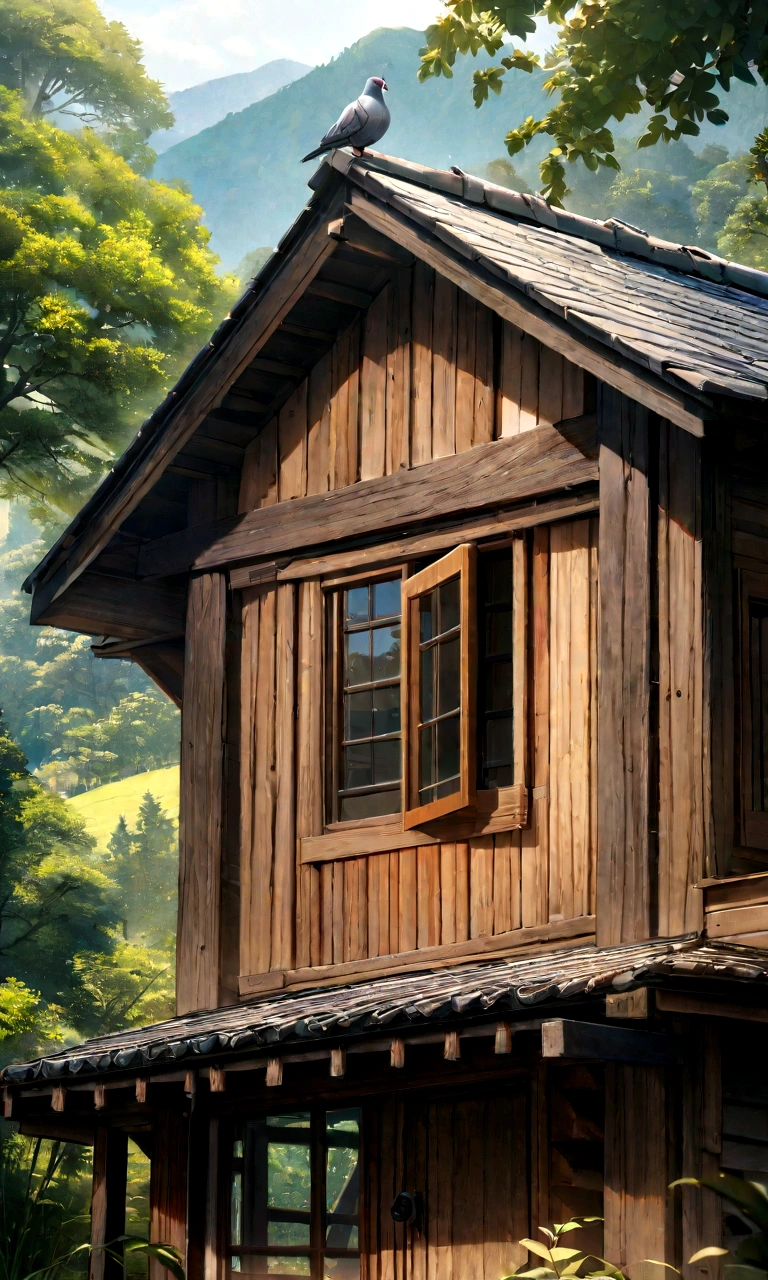 A pigeon is perched on the roof、Highest quality、8K、Detailed facial depiction、masterpiece、Highest quality、Crisp image quality、Photo of an old wooden house and the surrounding nature、A pigeon is perched on the roof